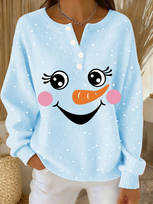 Women‘s Cute Christmas Snowman Print Casual Top Light Blue / S