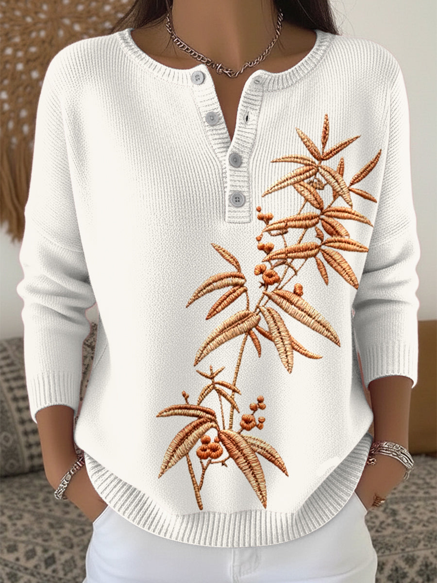 Women's Yellow Floral Thanksgiving Henley neck sweater