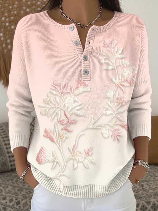 Women's Pink Gradient Floral Henley neck sweater