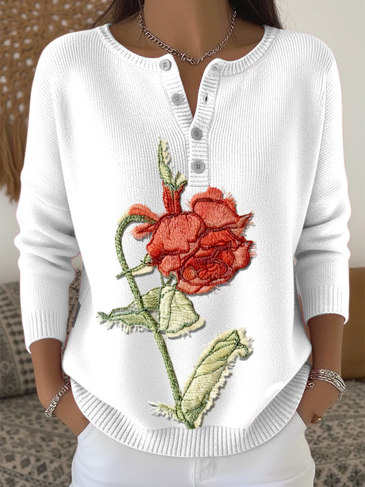 Women's Rose Embroidered White Henley neck sweater