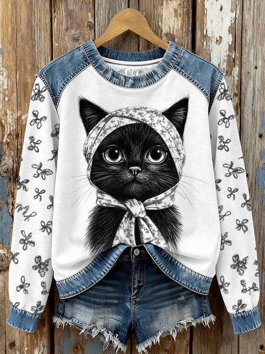 Women’s black cat print sweatshirts White / S