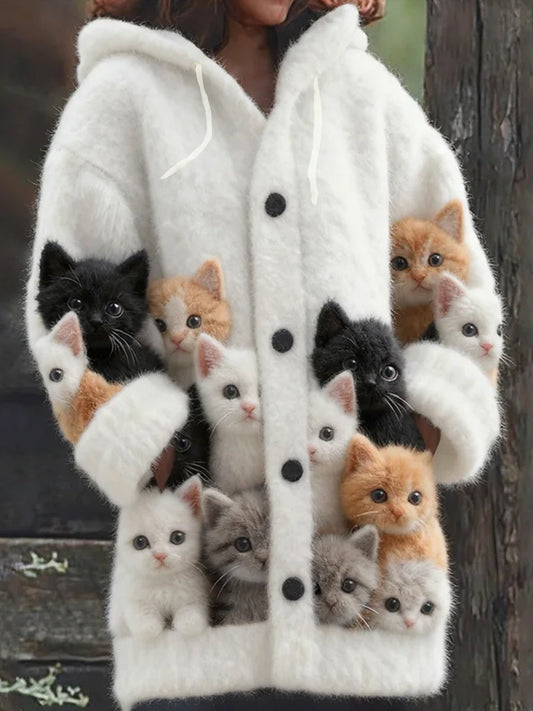 Women’s Retro Animal Print Casual Comfort Knitted Hooded Cardigan A / S