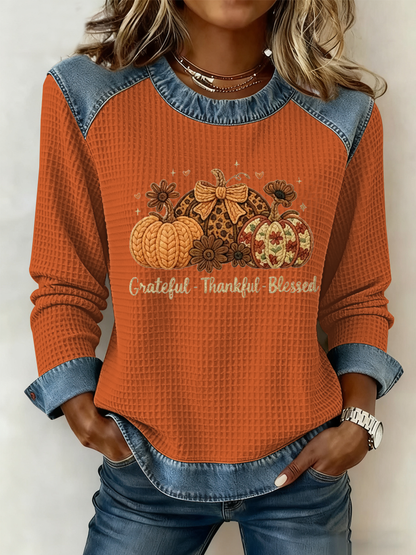 Women's Grateful Thankful Blessed Print Casual Crew Neck Top