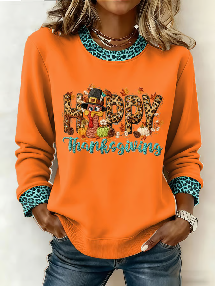 Women's Thanksgiving Print Crew Neck Sweatshirt