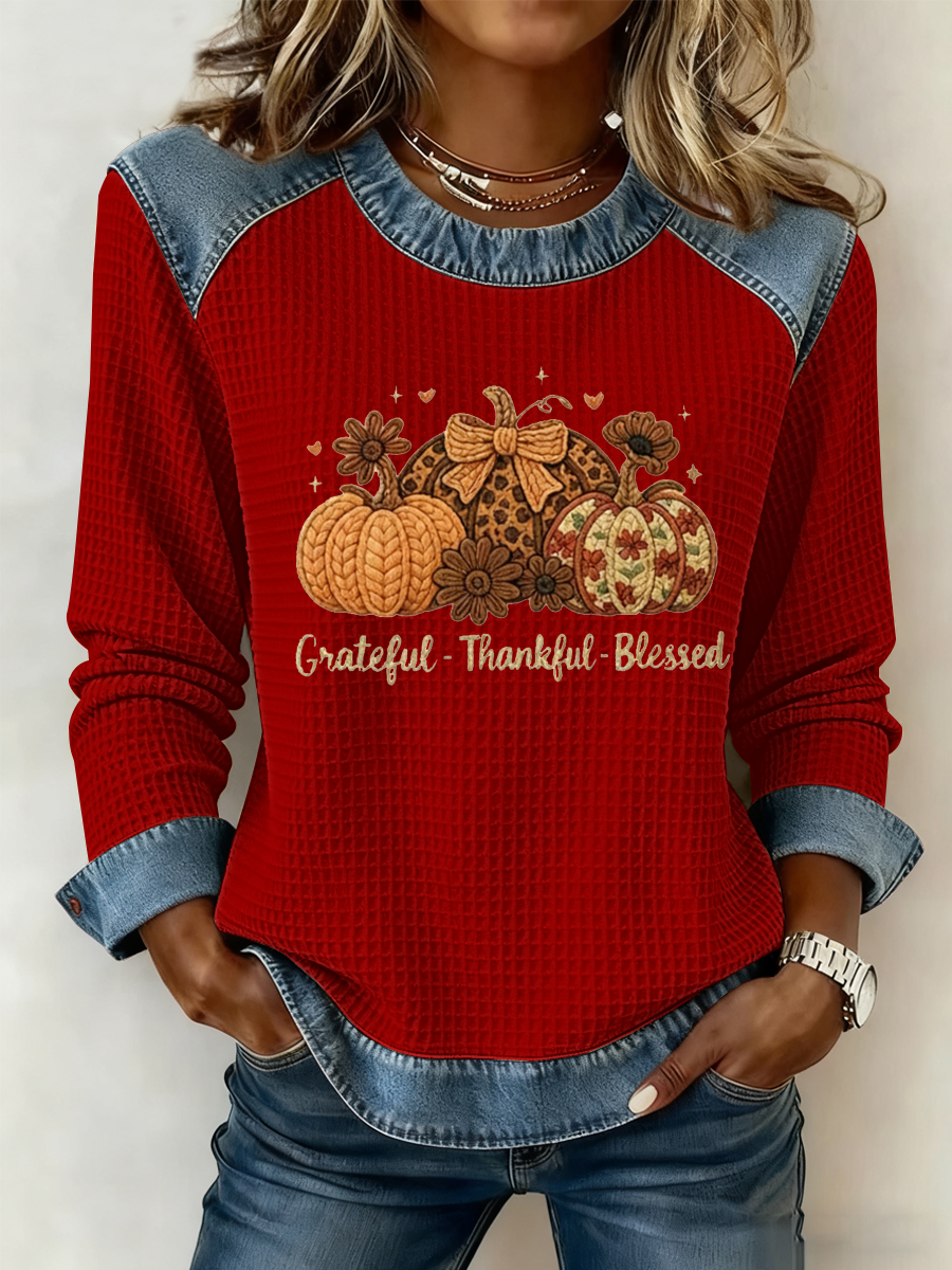 Women's Grateful Thankful Blessed Print Casual Crew Neck Top