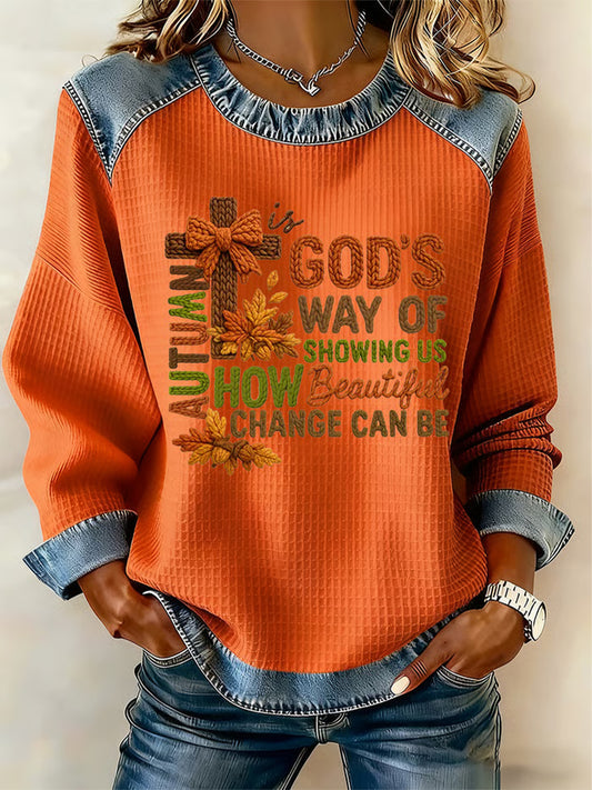 Women's Thanksgiving Print Waffle Sweatshirt