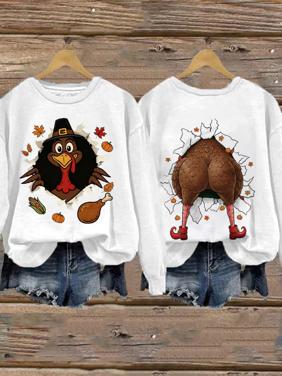 Women's Thanksgiving Turkey Print Crew Neck Sweatshirt