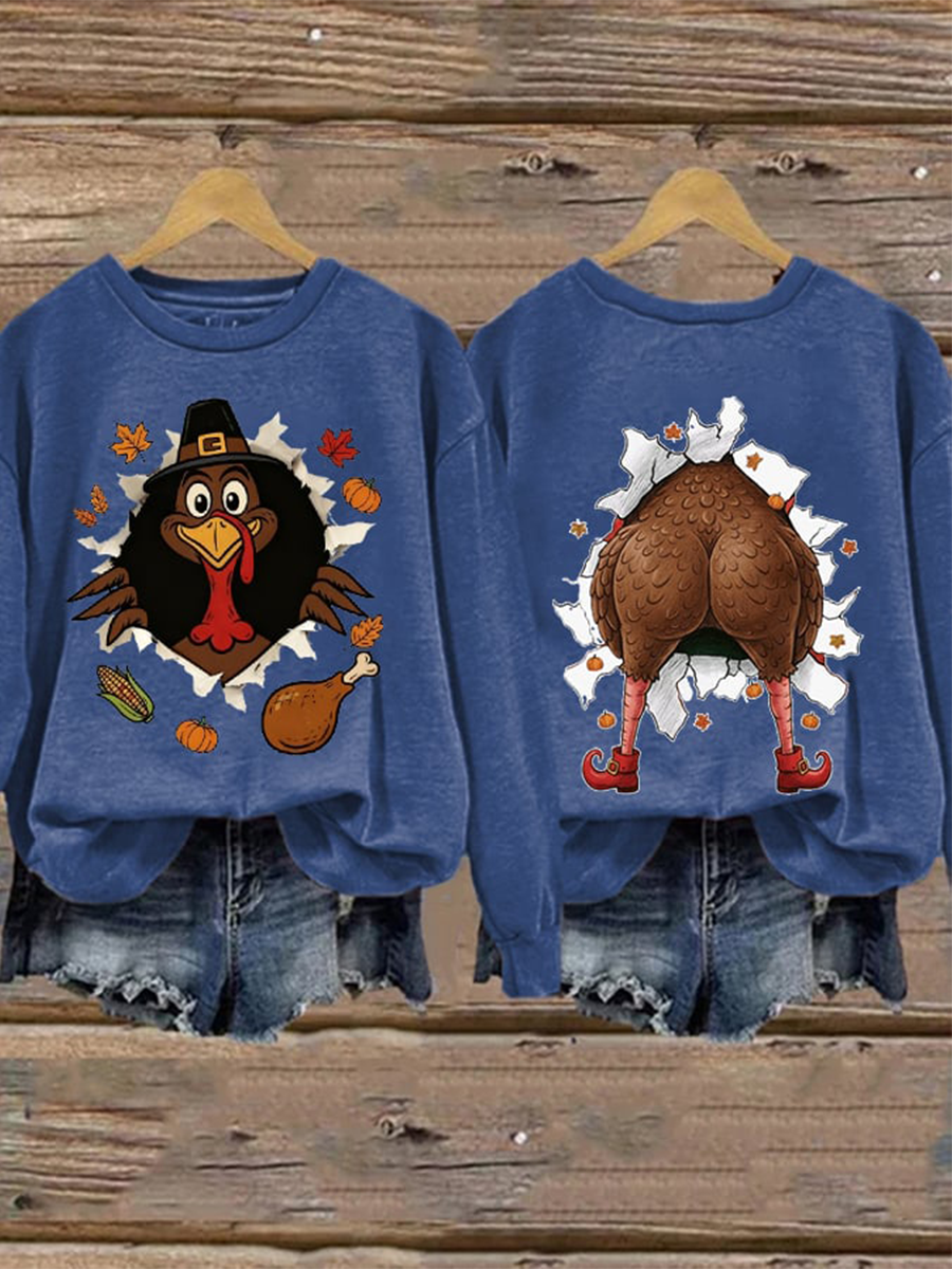 Women's Thanksgiving Turkey Print Crew Neck Sweatshirt