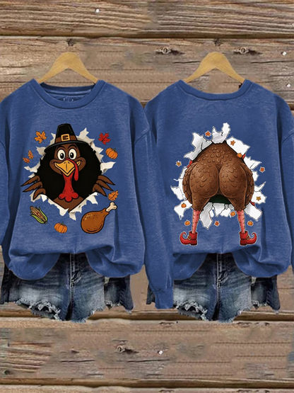 Women's Thanksgiving Turkey Print Crew Neck Sweatshirt