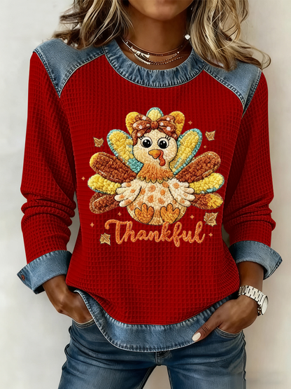 Women's Thankful Print Casual Crew Neck Top