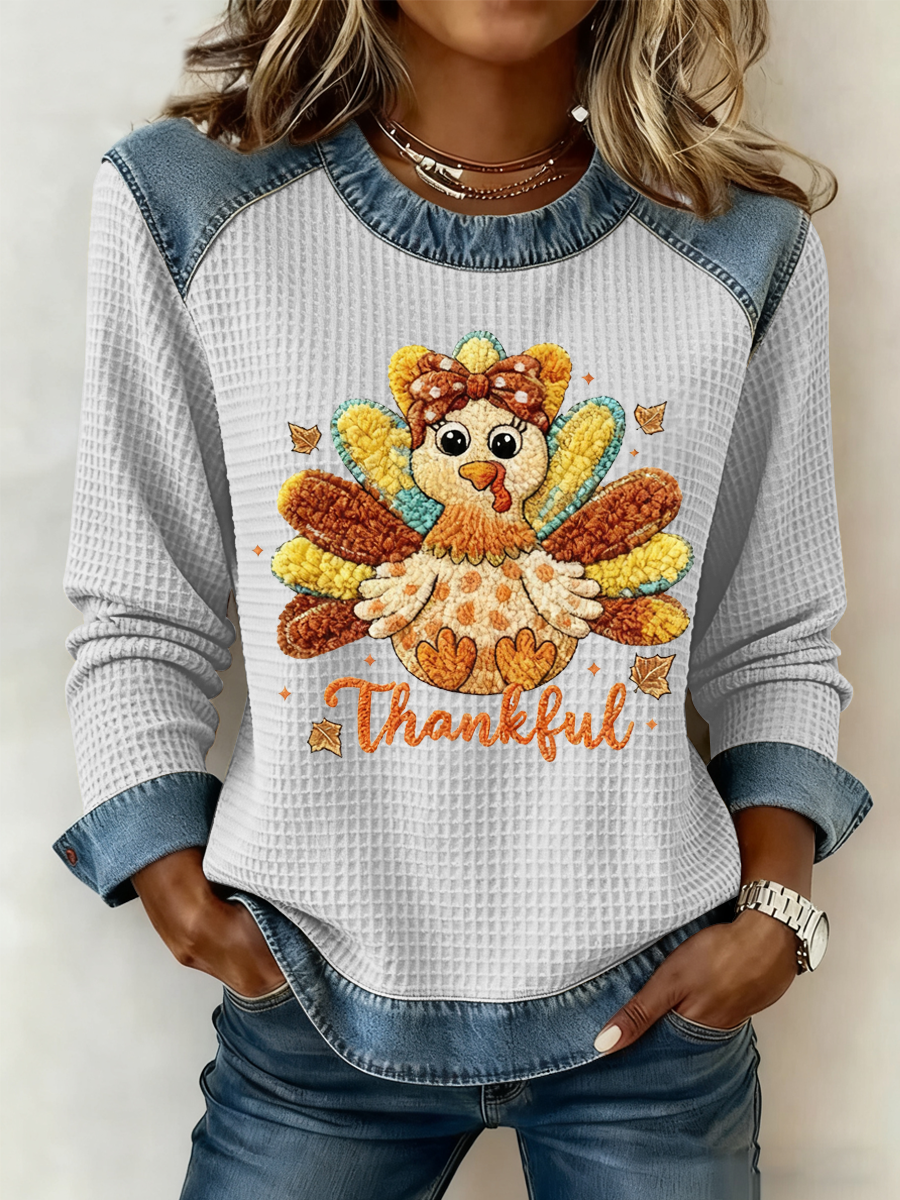 Women's Thankful Print Casual Crew Neck Top
