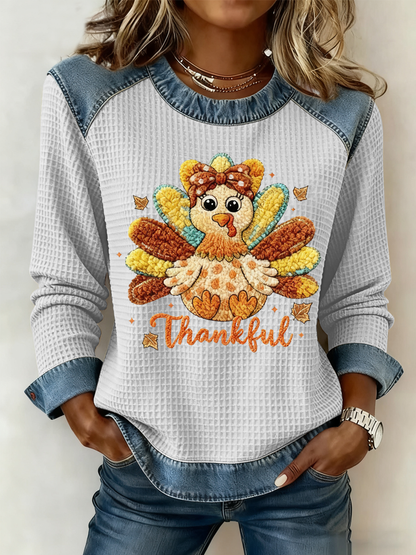 Women's Thankful Print Casual Crew Neck Top