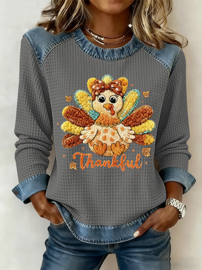 Women's Thankful Print Casual Crew Neck Top