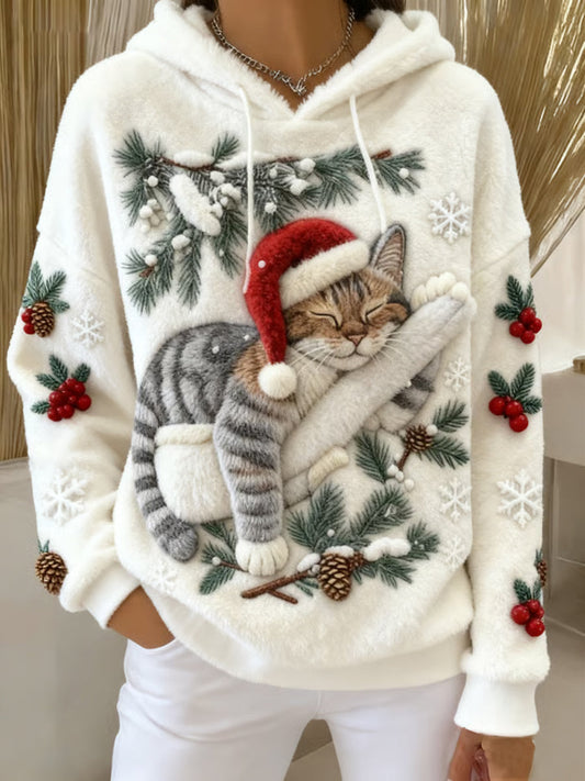 Women’s Cute Christmas Cat Art Print Casual Flannel Hoodie White / S