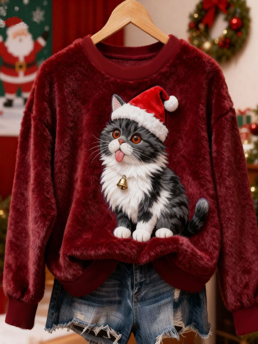 Women’s Christmas Cat Flannel Hoodie Red / S