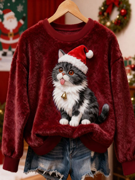 Women’s Christmas Cat Flannel Hoodie Red / S