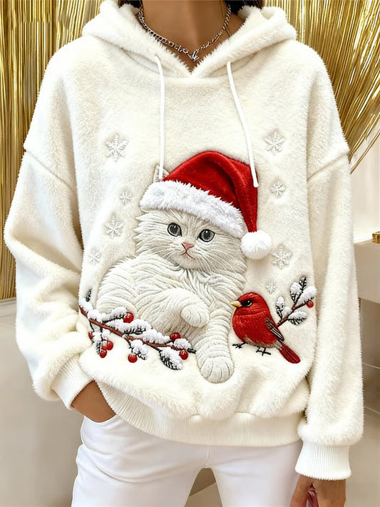 Women’s Cute Christmas Cat Art Print Casual Flannel Hoodie White / S