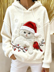 Women’s Cute Christmas Cat Art Print Casual Flannel Hoodie White / S