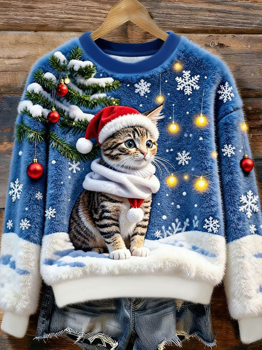 Women’s Christmas Cat Flannel Hoodie Blue / S