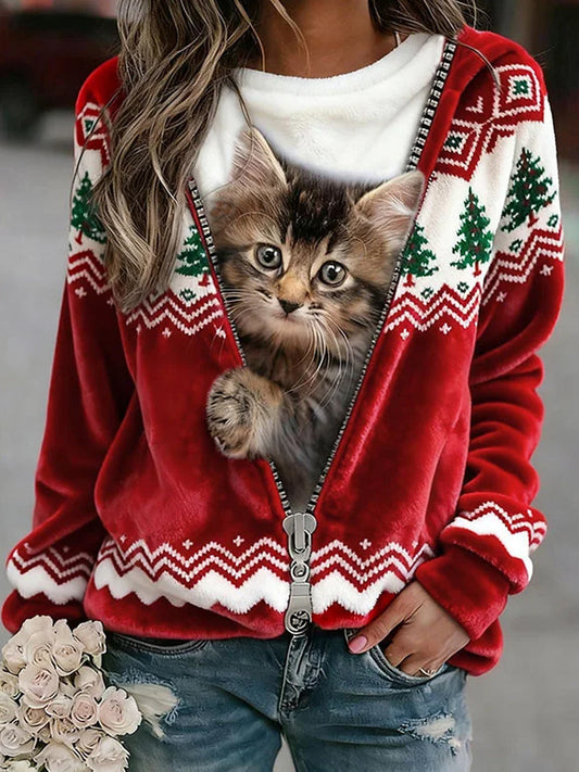 Women’s Retro Christmas Animal Art Print Comfortable Flannel Sweatshirt A / S