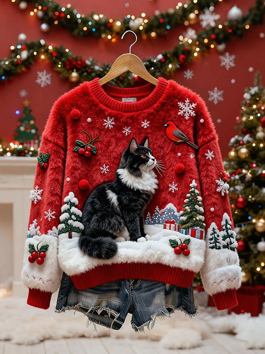 Women’s Retro Christmas Animal Art Print Casual Flannel Top A / S