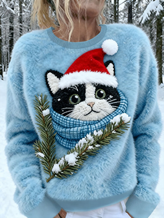 Women’s Cute Christmas Cat Art Print Casual Flannel Sweater Blue / S