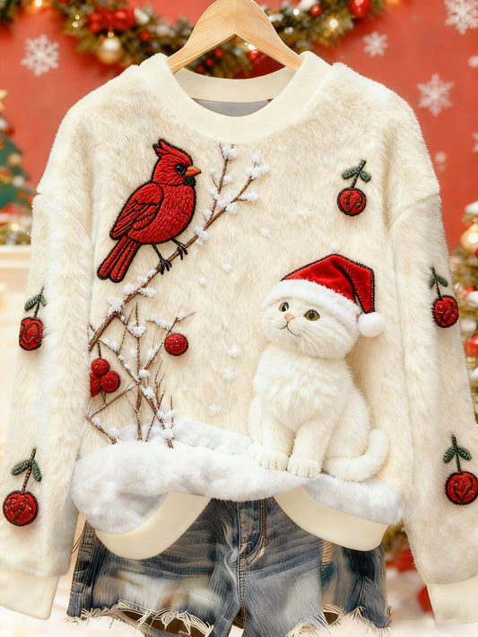 Women’s Cute Christmas Cat Art Print Casual Flannel Sweater White / S