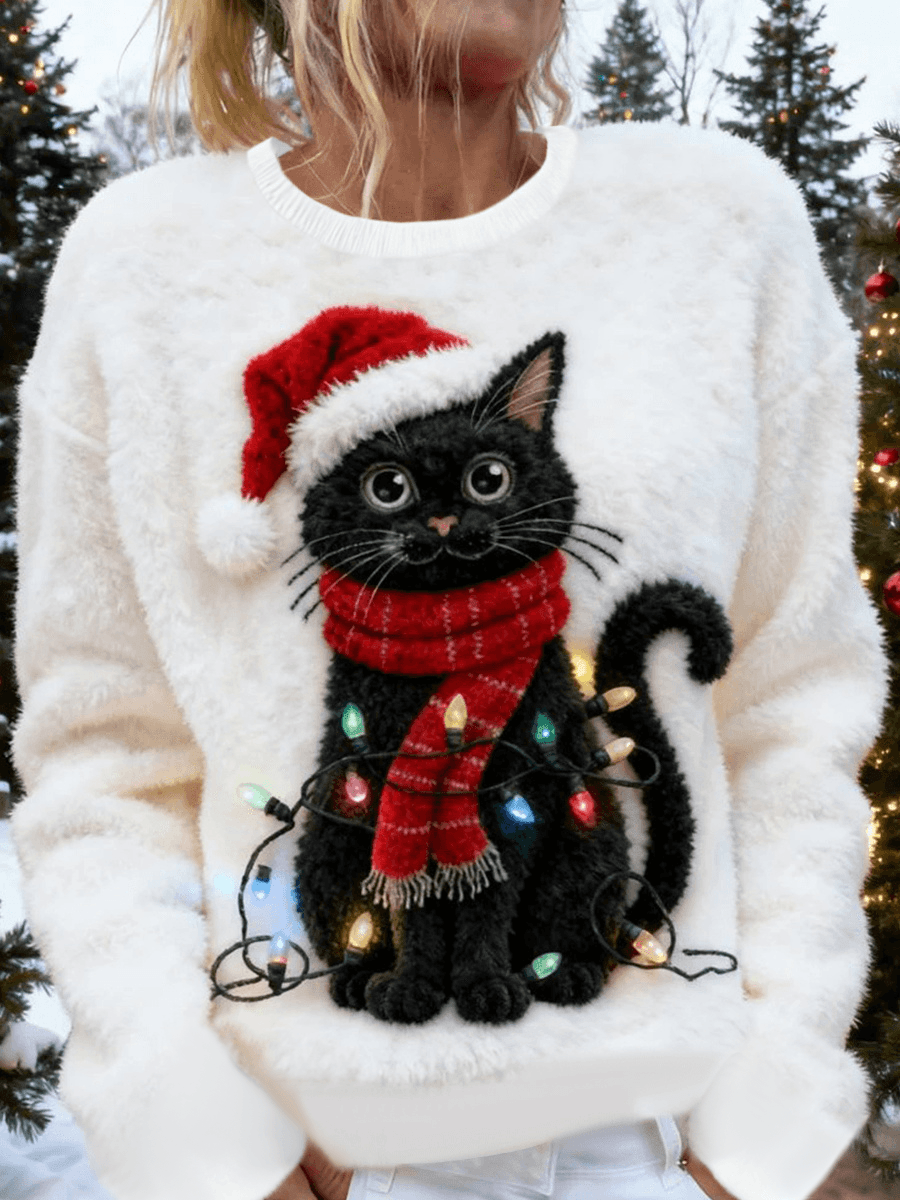 Women’s Cute Christmas Cat Art Print Casual Flannel Sweater White / S