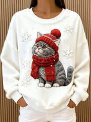 Women’s Cute Christmas Cat Art Print Casual Flannel Hoodie White / S