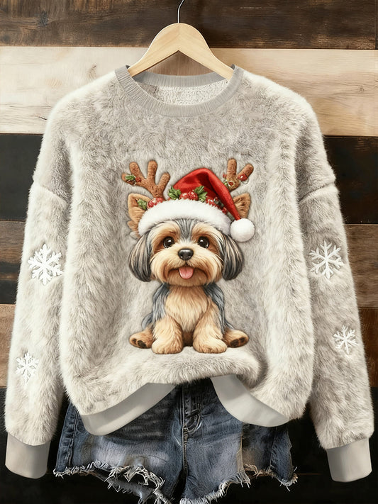 Women’s Cute Christmas Dog Art Print Casual Flannel Sweater As picture / S