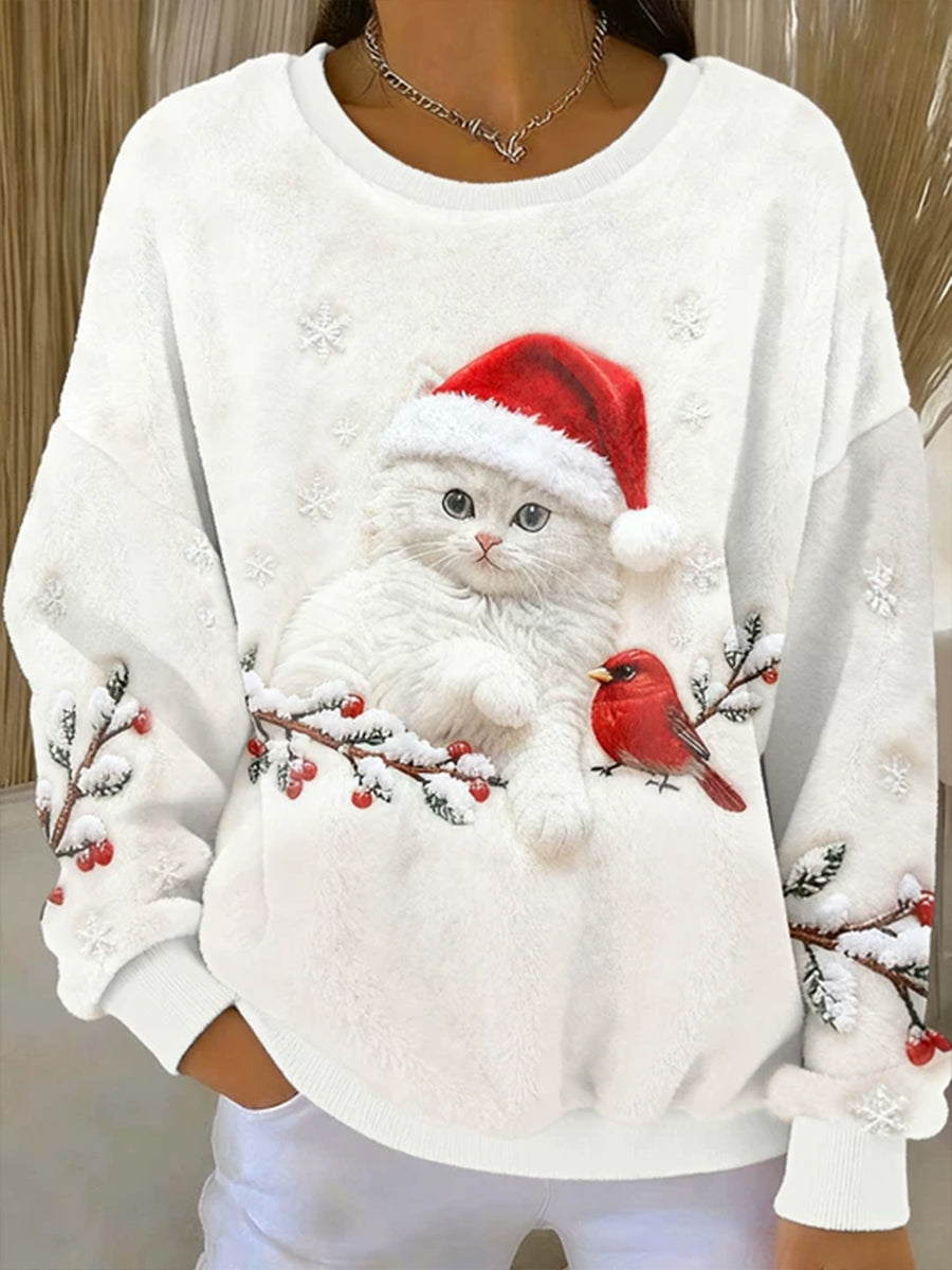 Women’s Cute Christmas Cat Art Print Casual Flannel Hoodie White / S