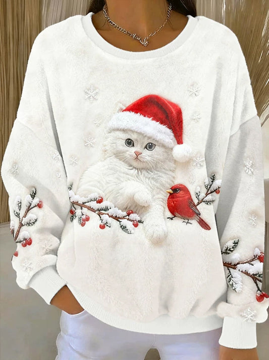 Women’s Cute Christmas Cat Art Print Casual Flannel Hoodie White / S