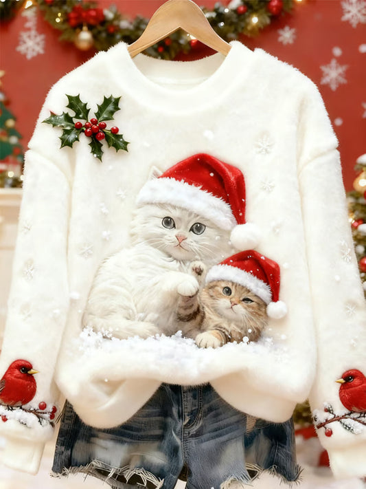 Women’s Cute Christmas Cat Art Print Casual Flannel Sweatshirt White / S