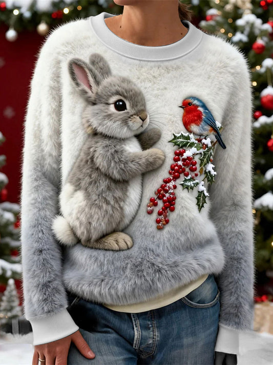 Women’s Christmas Snowflake Rabbit Flannel Hoodie Gray / S