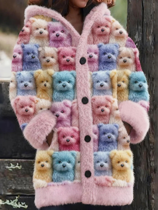 Women’s Cute Dog Print Casual Mid-Length Plush Hooded Coat Pink / S
