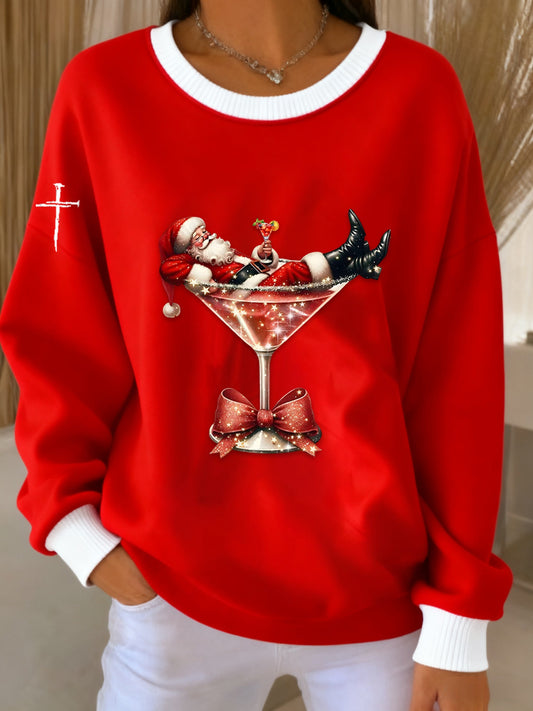 Vintage Christmas Faith Cocktail Santa Claus Sleeve Sweatshirt Red / S
