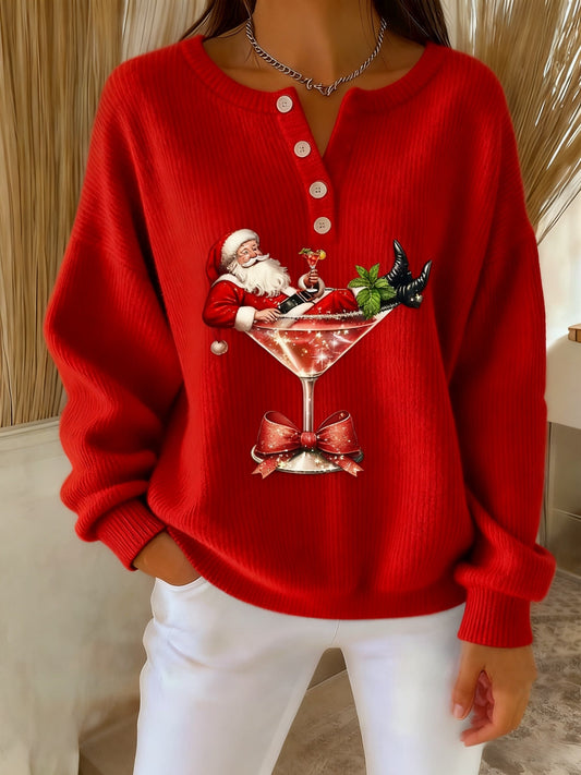 Women’s Retro Christmas Santa Claus Cocktail Print Long-sleeve Sweater Red / S
