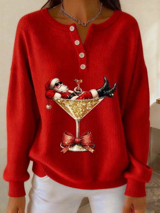 Women’s Retro Christmas Santa Claus Cocktail Print Long-sleeve Sweater Red / S