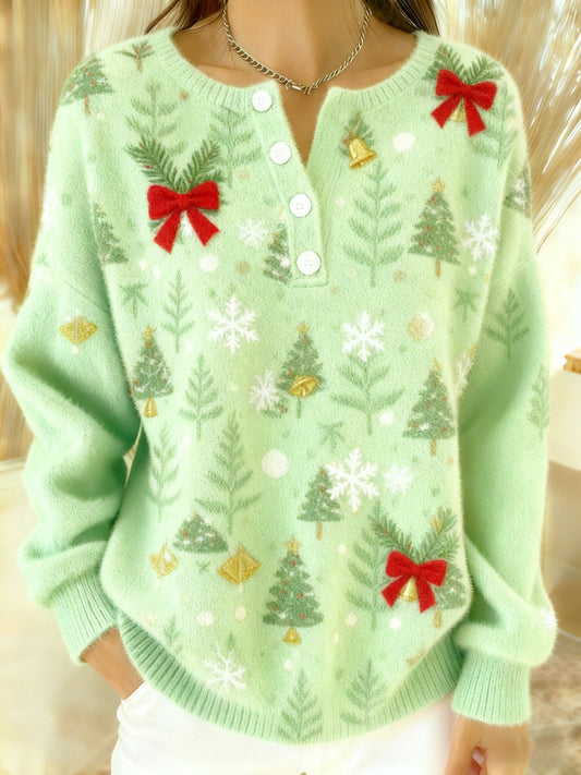 Women’s Vintage Christmas Tree Bow Print Long-sleeve Sweater Light Green / S