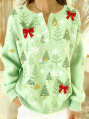 Women’s Vintage Christmas Tree Bow Print Long-sleeve Sweater Light Green / S