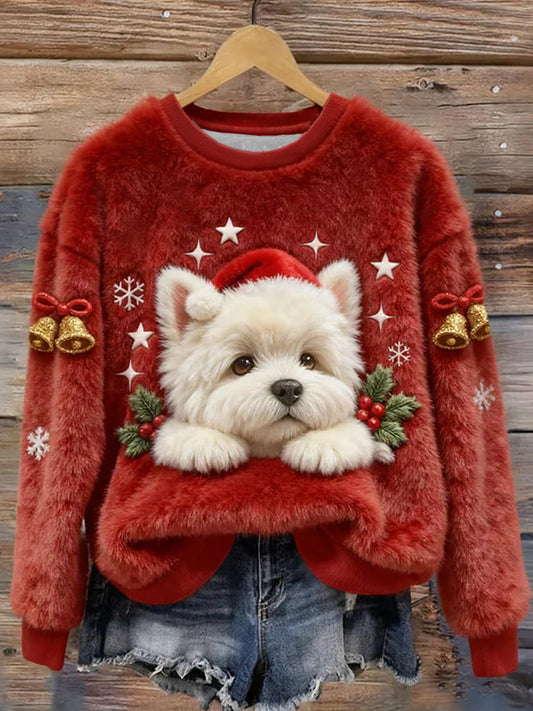 Women’s Christmas Cute Dog Art Flannel Hoodie Red / S