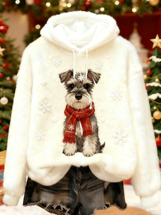 Women’s Christmas Cute Dog Print Casual Flannel Hoodie Creamy-White / S