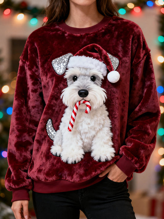 Women’s Christmas Cute Schnauzer Print Casual Flannel Sweatshirt Wine Red / S