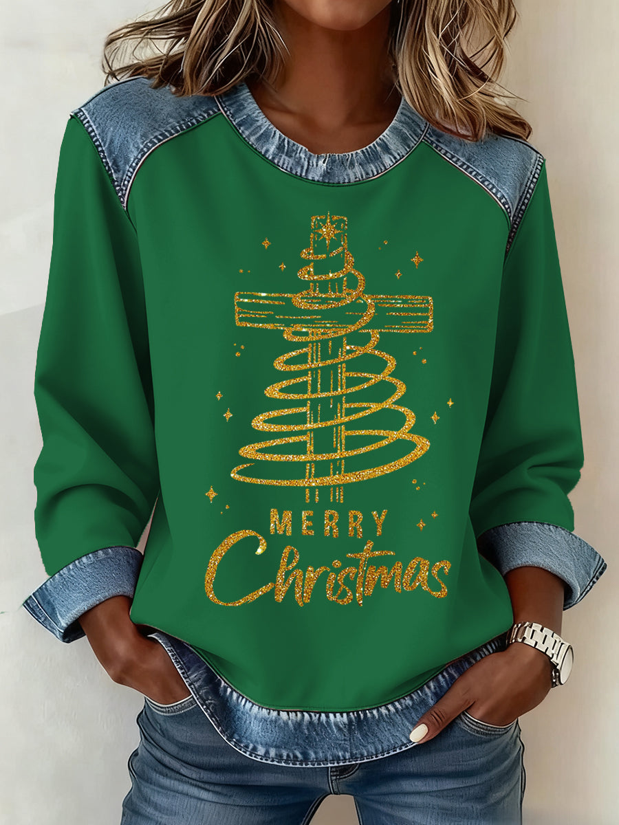 Women’s Christmas Pattern Patchwork Art Sweatshirt Green / S