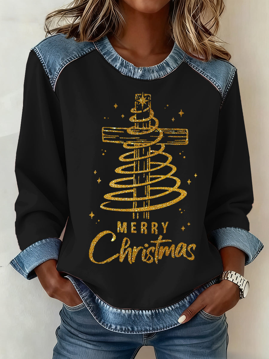 Women’s Christmas Pattern Patchwork Art Sweatshirt Black / S