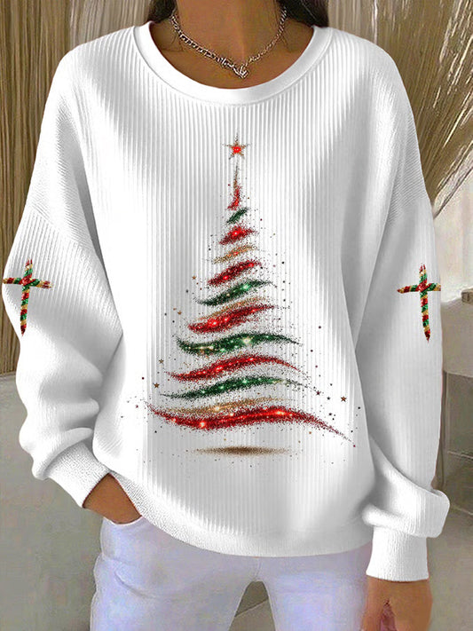 Women’s Merry Christmas Christmas Tree Cross Ribbed Round-Neck Sweatshirt White / S