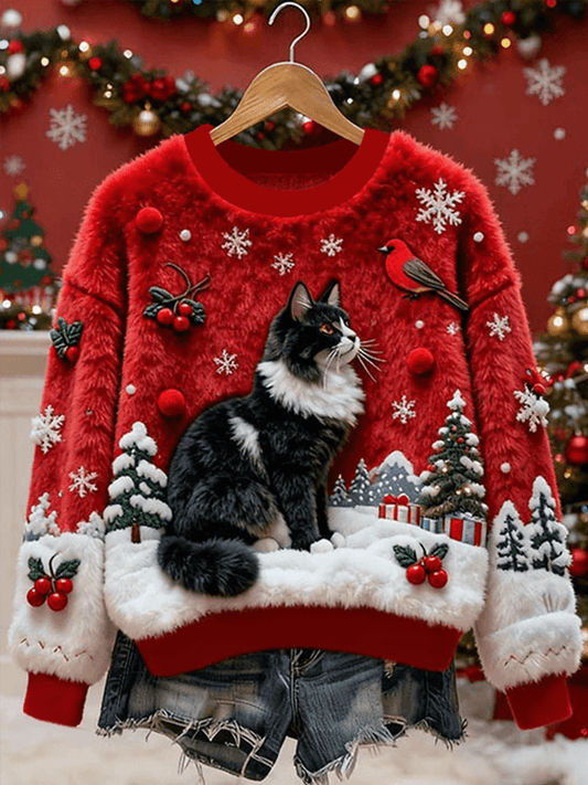 Women’s Vintage Christmas Black Cat Printed Flannel Sweatshirt Red / S
