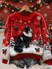 Women’s Vintage Christmas Black Cat Printed Flannel Sweatshirt Red / S