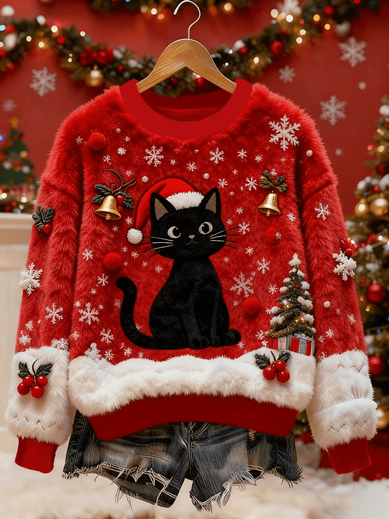 Women’s Vintage Christmas Black Cat Printed Flannel Sweatshirt Red / S