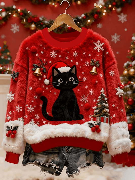 Women’s Vintage Christmas Black Cat Printed Flannel Sweatshirt Red / S